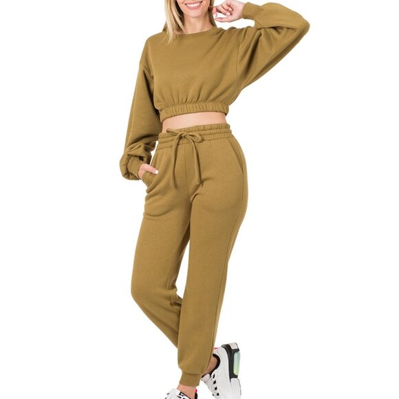 Zenana 2 Pcs Crop Sweatshirt Tracksuit Jogger Pants Set Outfit Active Loungewear - Picture 9 of 9
